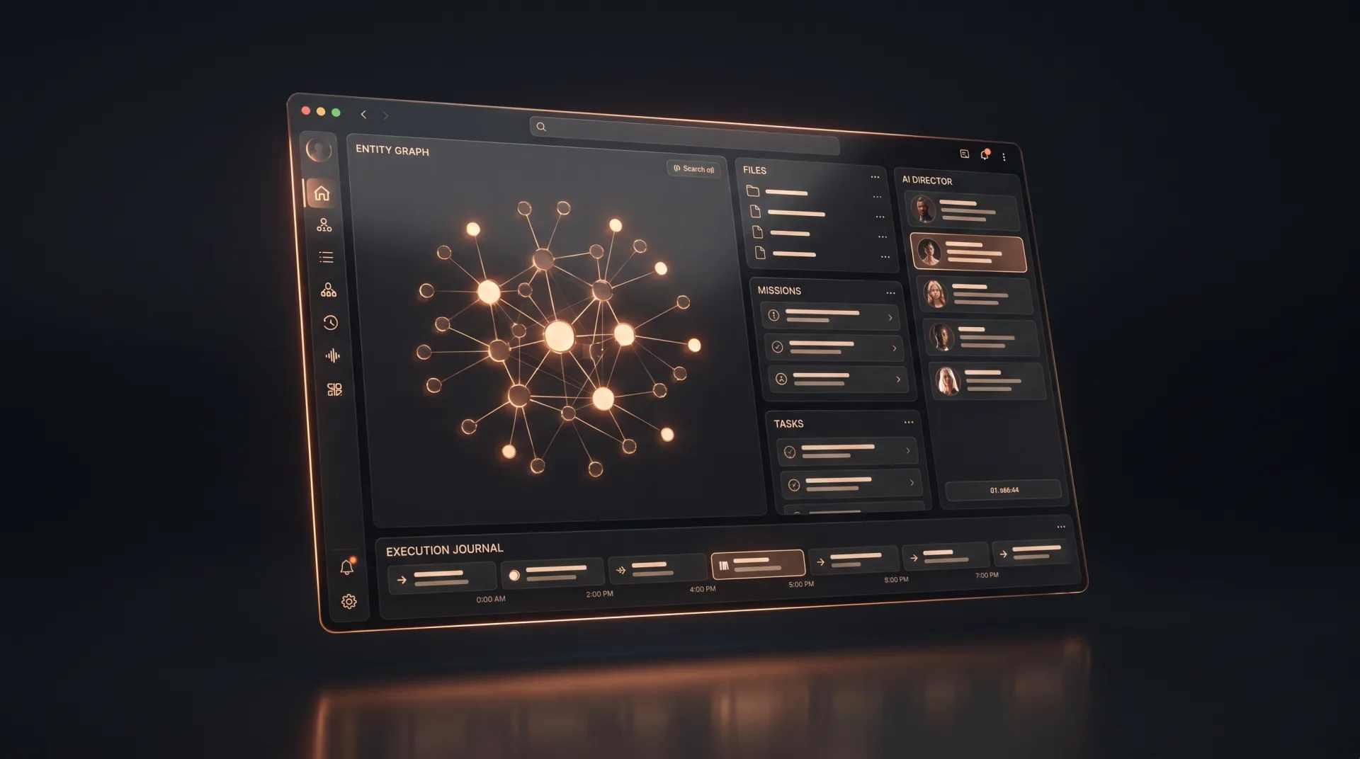 The Consistent World desktop app: an entity graph surrounded by files, missions, tasks, an AI director roster, and an execution journal timeline.