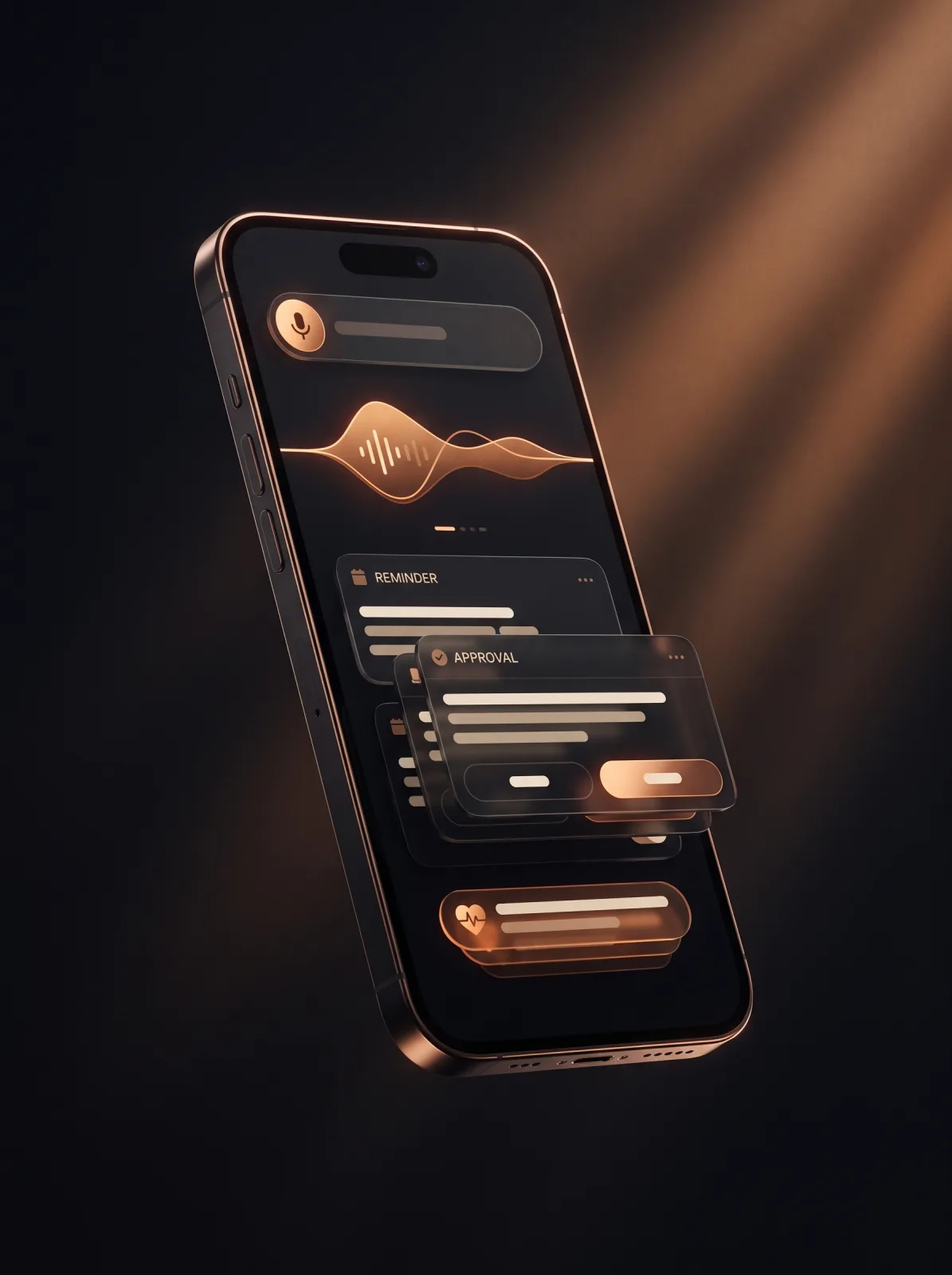 The Consistent World mobile companion app showing quick capture, a voice note waveform, reminders, and an approval card.
